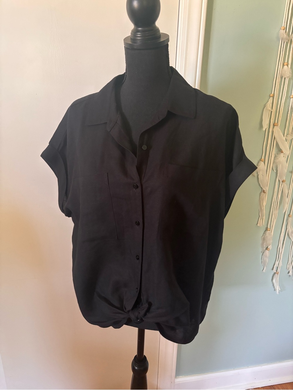 The Limited Womens Black Button-Up Tie-Hem Top 1X